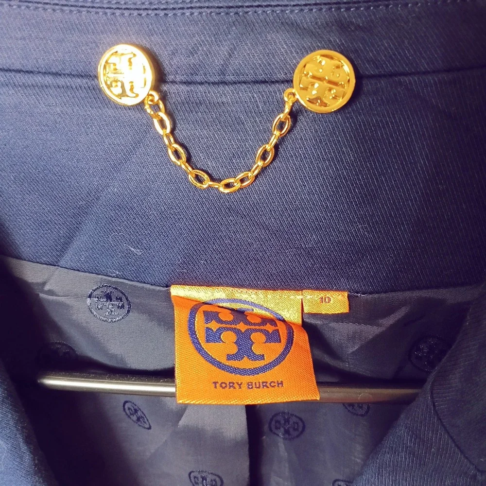 Tory Burch Blazer Women 10 Navy Blue Excellent Single Button Gold Logo Hardware